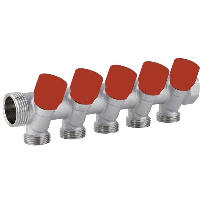 Коллектор с вентилями 1''x 3/4'' EK C325 - 5 выходов - красный - Carlo Poletti