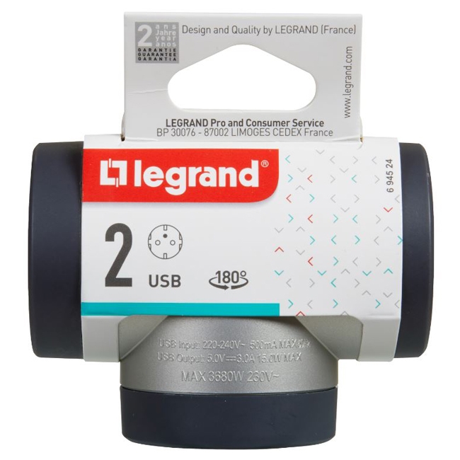 Многорозеточный блок 2 x 2К+3 с USB A+C - Legrand Элиум - алюминий