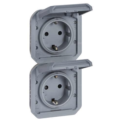 Розетка 2x2К+З вертикальная, немецкий стандарт - Plexo IP55 - серый